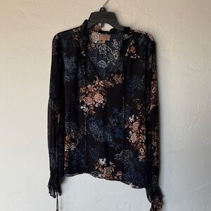 Anthropologie X Kachel Black with Brown and Blue Floral Print Blouse